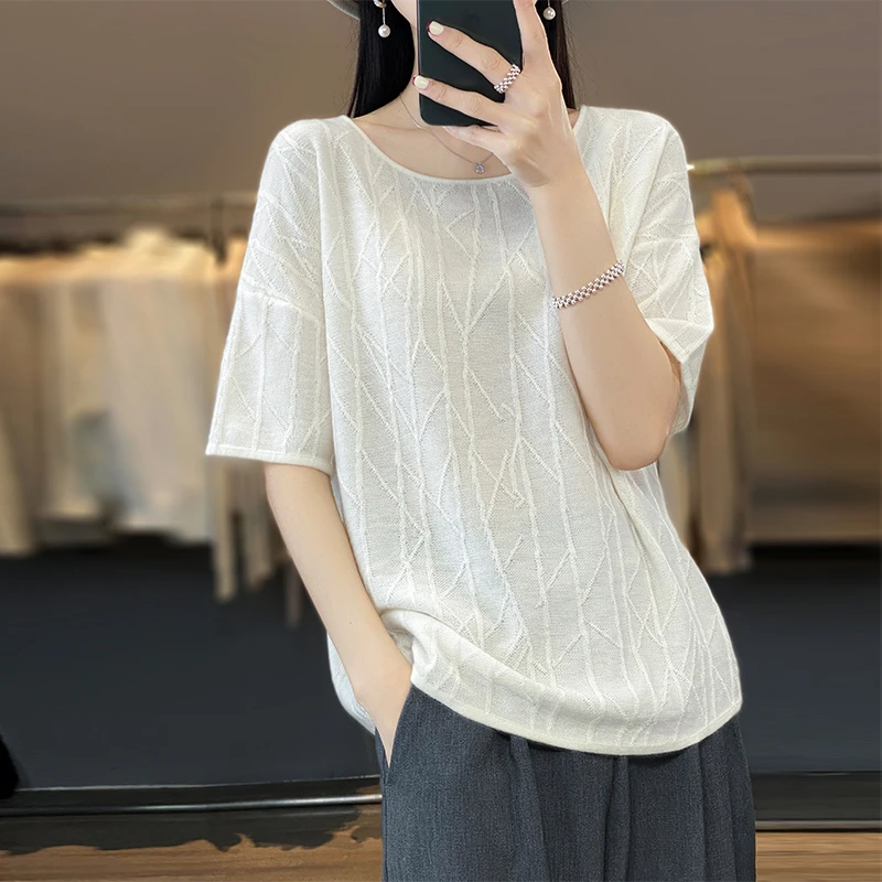 夏季新款精纺羊毛针织短袖女圆领宽松休闲上衣