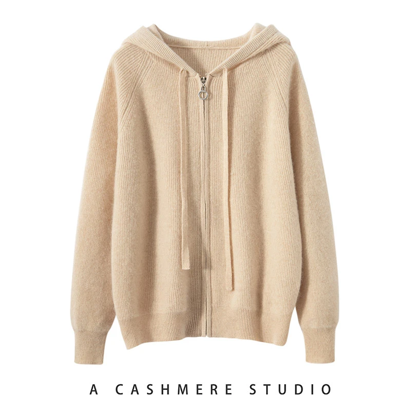 秋冬山羊绒女元宝针连帽卫衣加厚宽松开衫简约休闲针织拉链外套