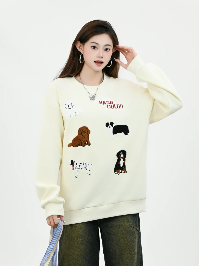 JKEK【五只小狗】卡通插肩袖宽松时尚加绒加厚圆领小众设计卫衣018