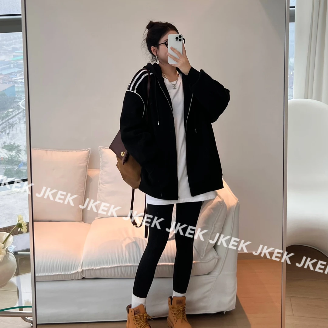 JKEK【条纹外套】美式早春宽松卫衣女新款外套百搭连帽拉链开衫上衣