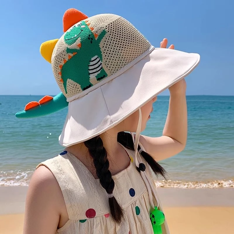儿童大檐遮阳帽渔夫帽男女童户外防晒恐龙太阳帽沙滩宝宝夏天网薄