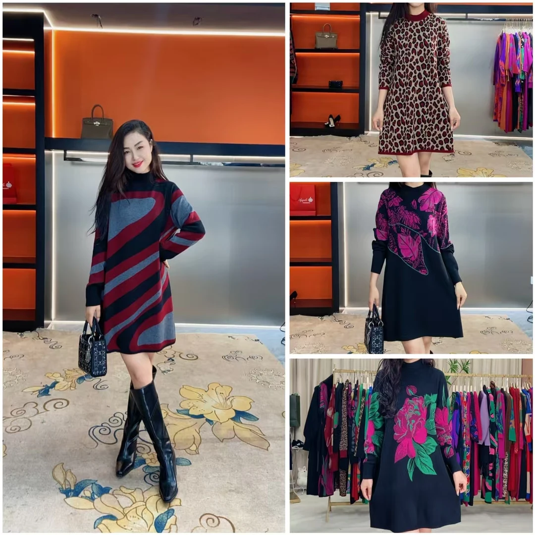 (合集)秋冬季新款时尚针织提花圆领百搭宽松网红连衣裙5.1中长款