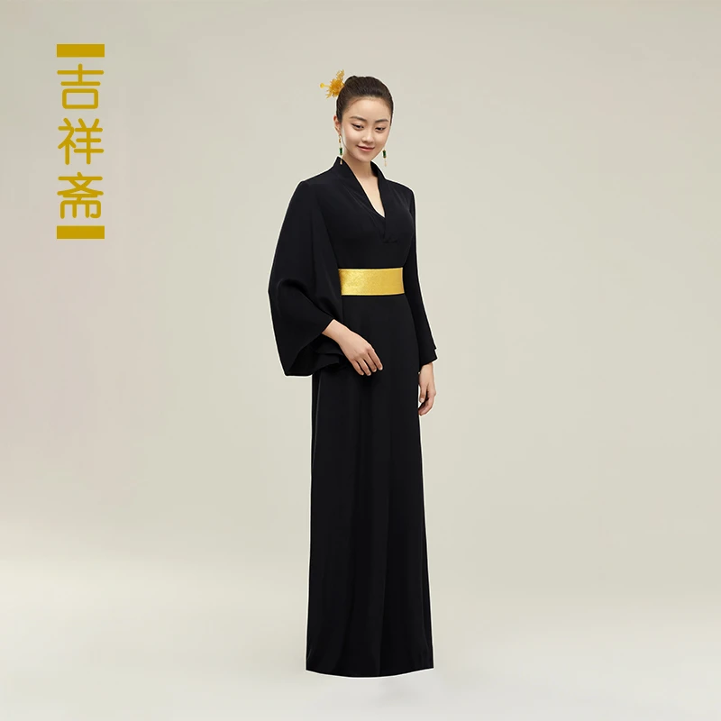 吉祥斋女装秋露迎晓连衣裙V领修身桑蚕丝长款长袖国风礼服正品