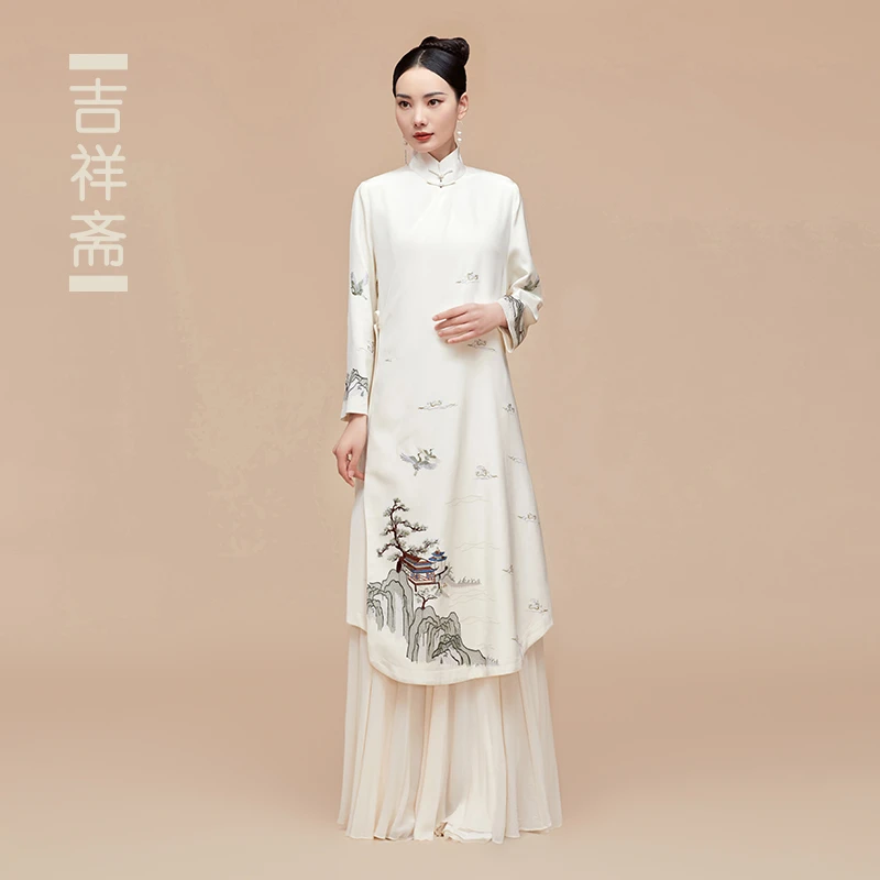 吉祥斋女装民族风桑蚕丝宽松凤池楼亭长衫