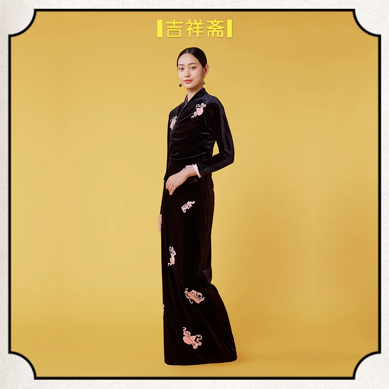 |吉祥斋|福禄缘丝绒珠片刺绣包臀长裙明星同款新国风女装气质优雅