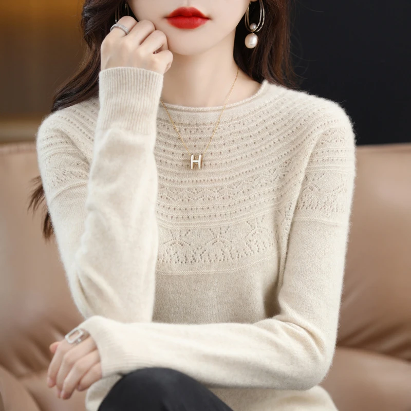 L006 厂家批发2024新款无缝一线100澳洲羊毛衫圆领套头镂空打底衫