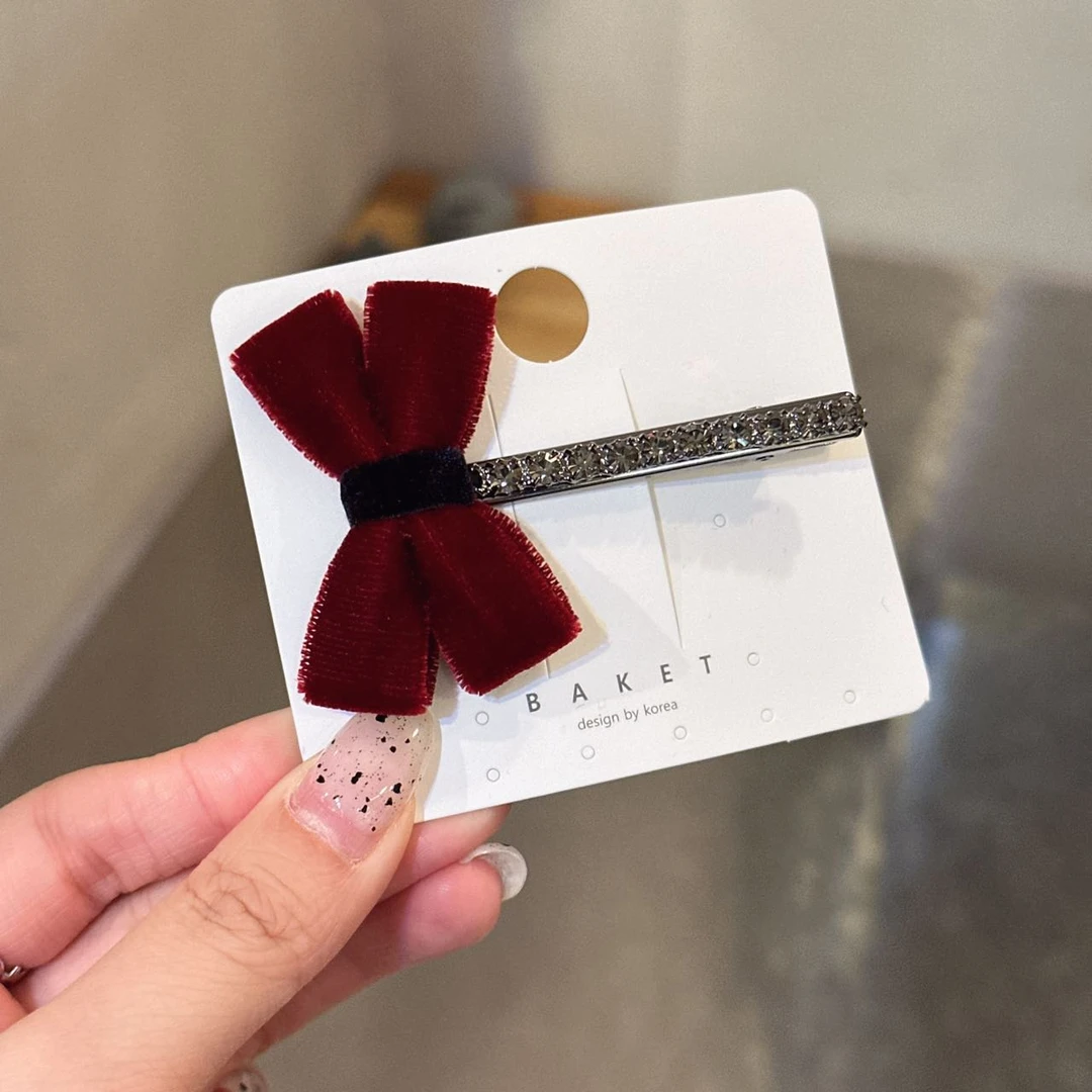 韩国baket发饰丝绒蝴蝶结水钻鸭嘴夹一字夹