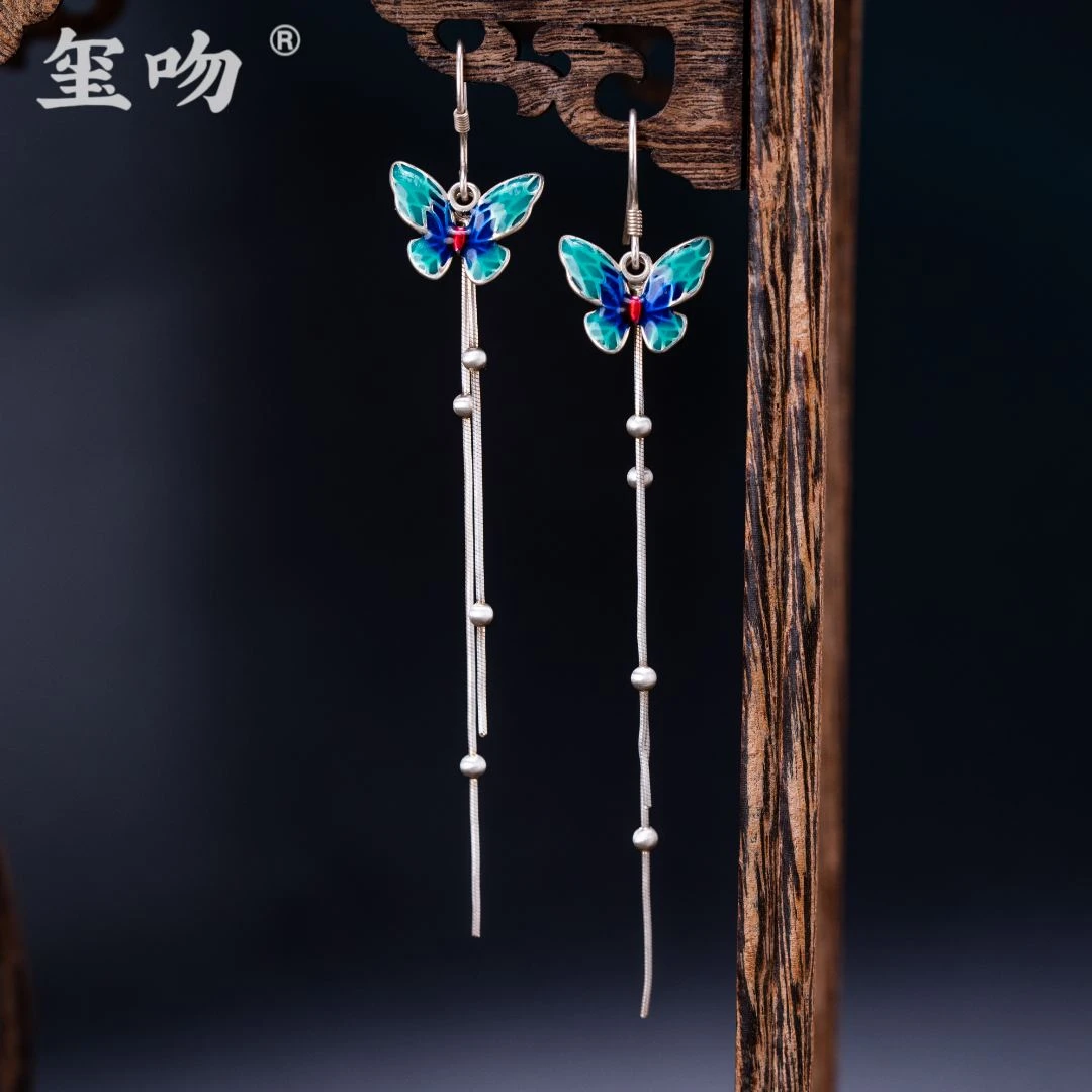 925银耳饰 【玺吻】s925银百搭时尚气质三色烧蓝蝴蝶耳线国风古风