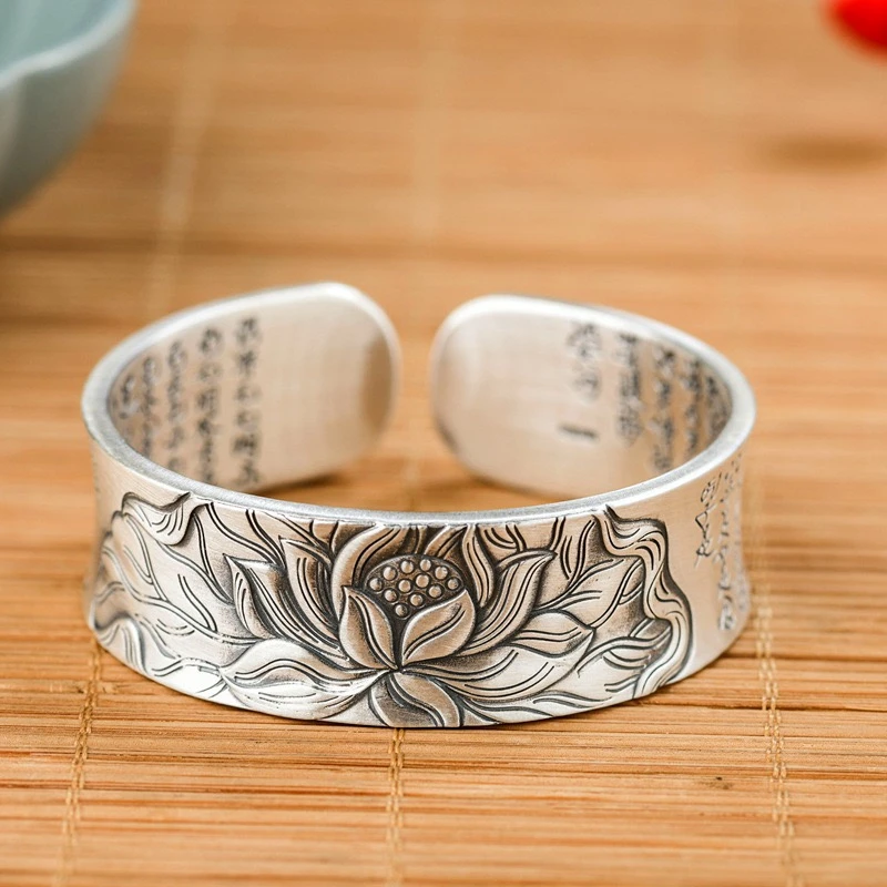 足银手镯 【玺吻】足银999复古实心手工錾刻莲花心经手镯（镯宽2cm）