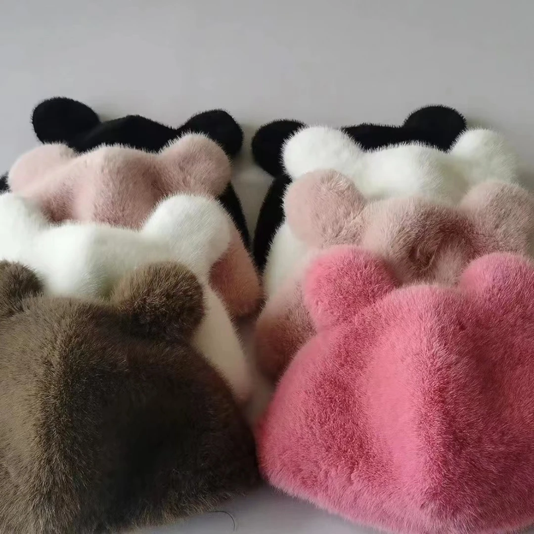 新款欧貂可爱小熊耳朵毛绒帽子时尚百搭加绒加厚秋冬款