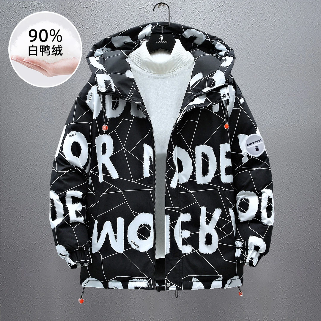 GOLDPOOL【90%白鸭绒】冬季男士连帽保暖青少年加厚字母印花羽绒服