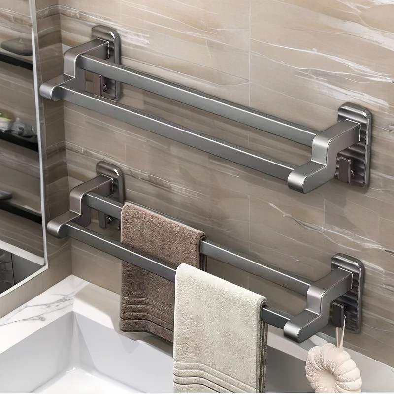 枪灰毛巾架双杆浴室壁挂免打孔卫生间毛巾挂杆浴巾置物架子毛巾杆