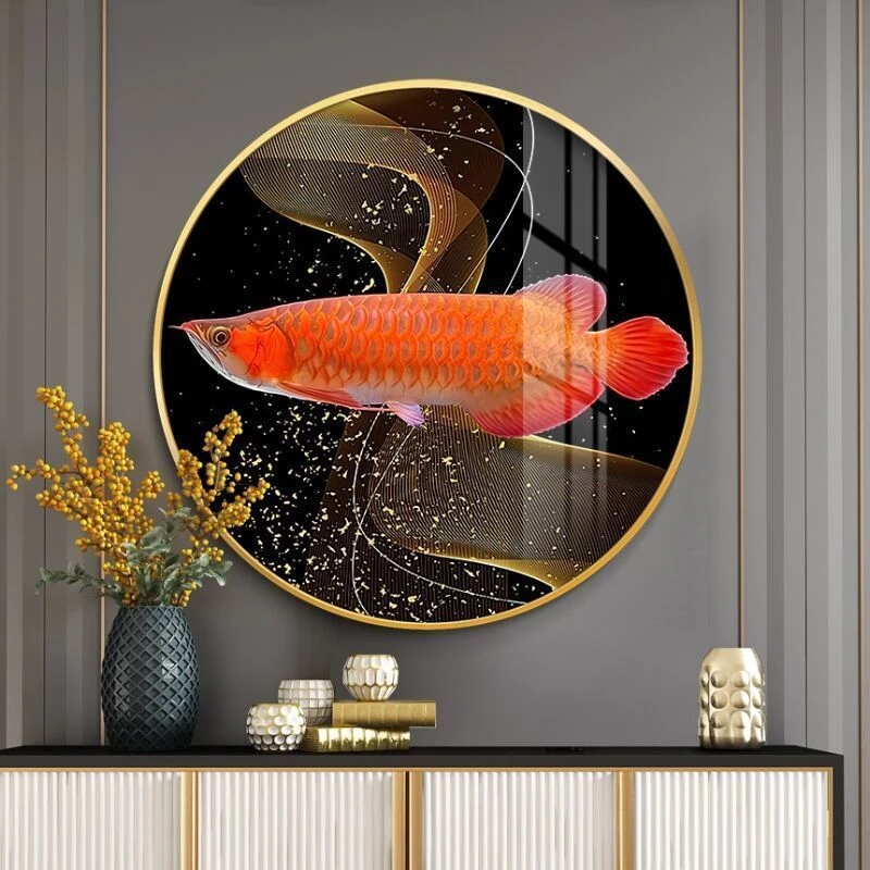 金龙鱼招财圆形餐厅装饰画玄关挂画北欧风格现代简约走廊过道壁画