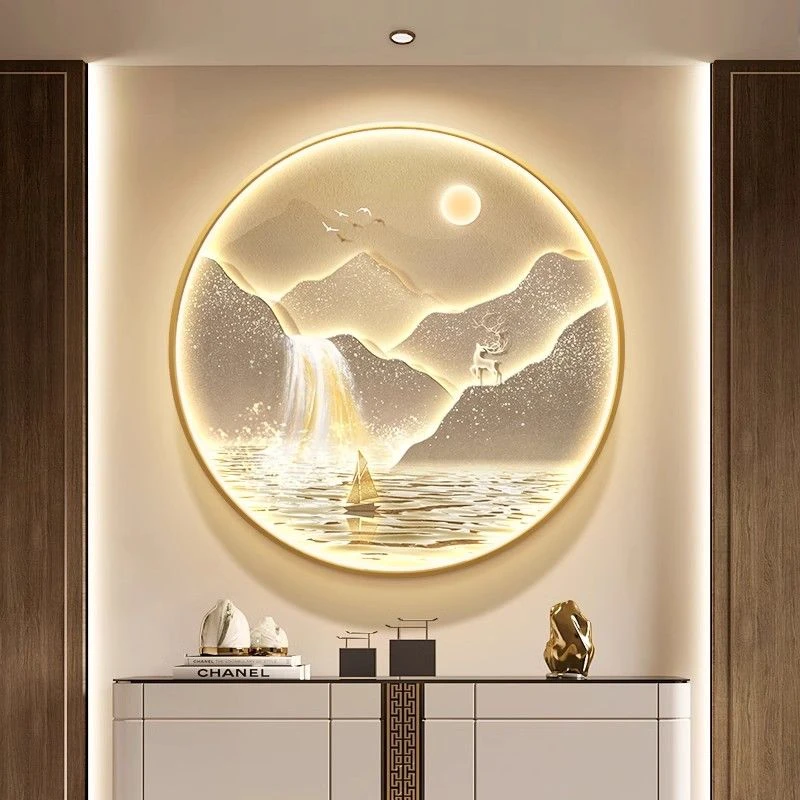 轻奢入户门玄关装饰画流水生财山水画圆形挂画走廊过道壁画高级感