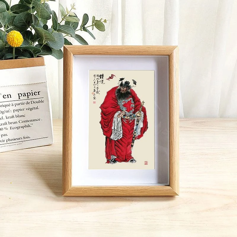 天师钟馗画像相框摆台客厅玄关桌面摆件新中式寓意图装饰画原木色