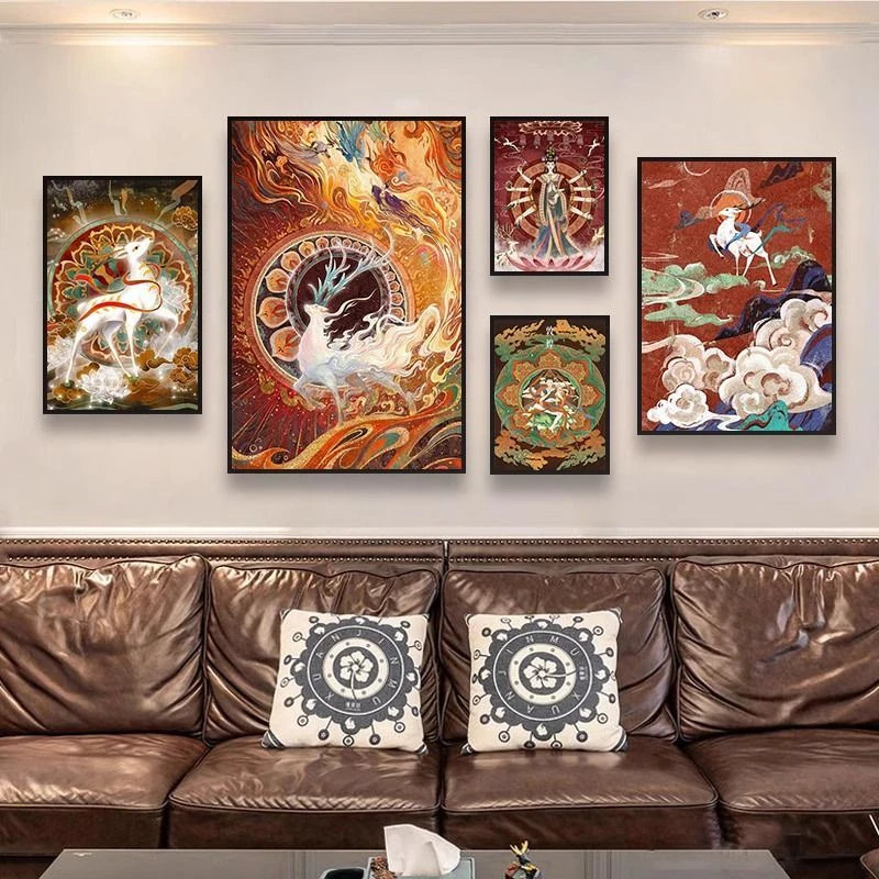 敦煌飞天仕女图水晶画沙发背景墙极简高级感挂画新中式挂画九色鹿