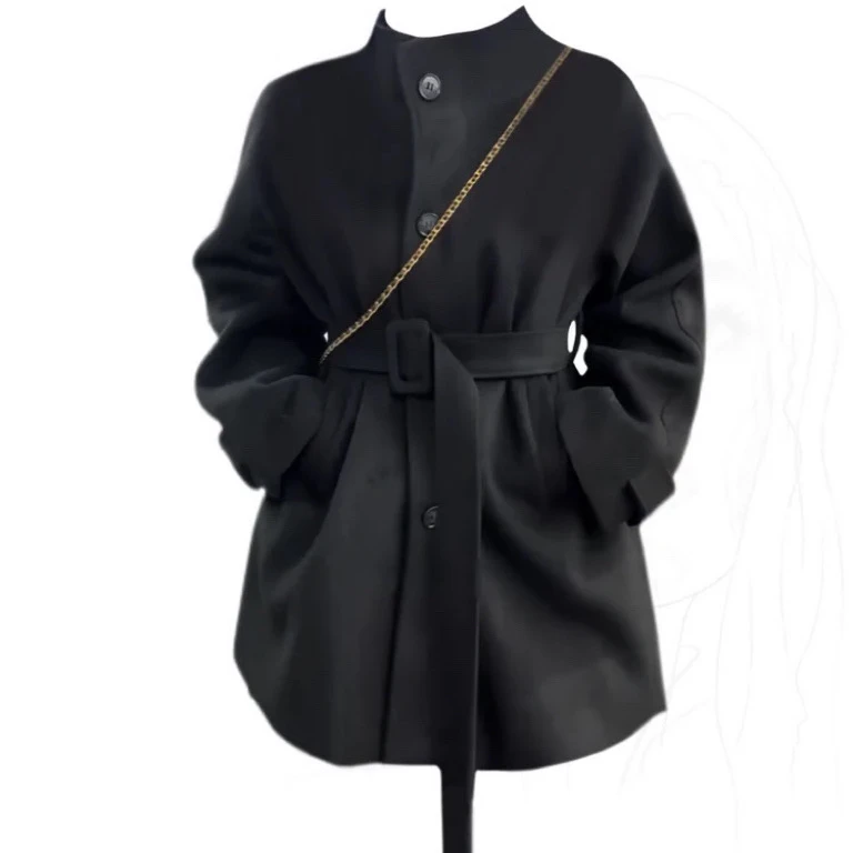 秋冬赫本风高级感系带毛呢外套女韩版收腰显瘦加厚呢子大衣