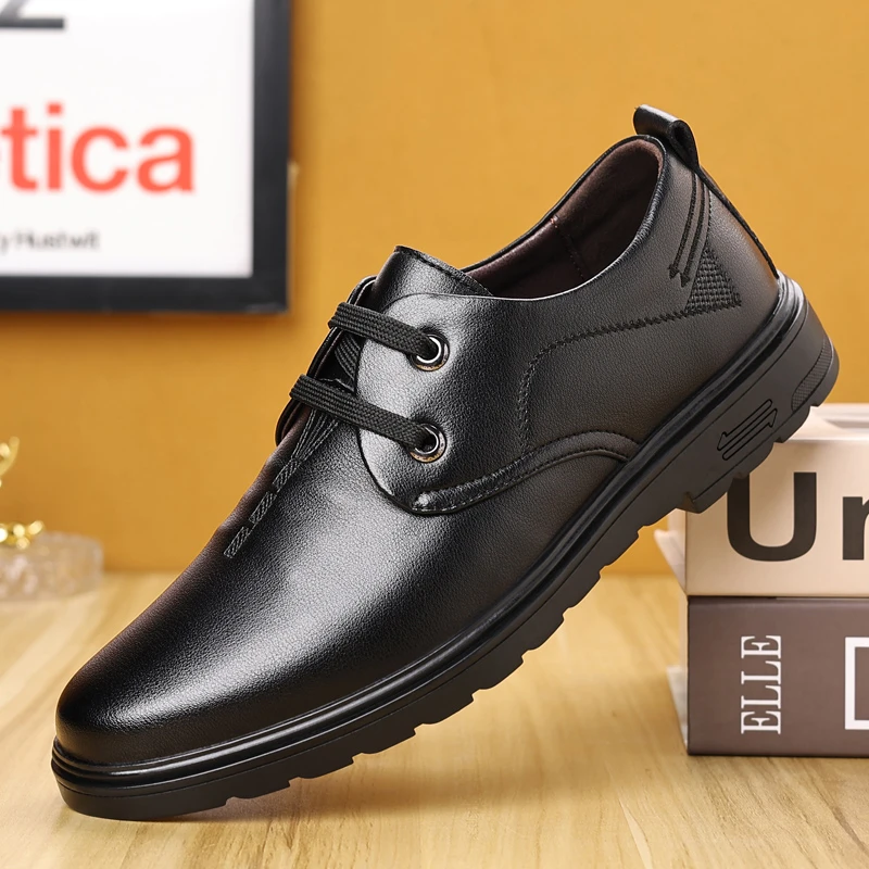 2024新款休闲黑色高档皮鞋男士系带上班增高中年防水防滑爸爸鞋子