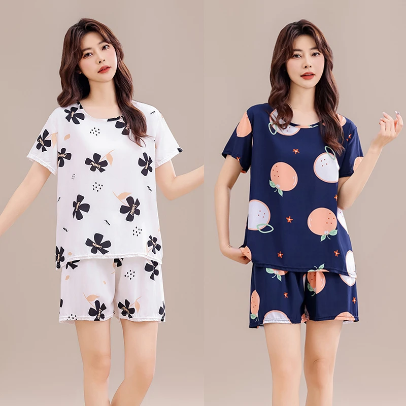 时尚新款女装夏季薄款印花套装韩版家居服两件套中年女装睡衣夏装