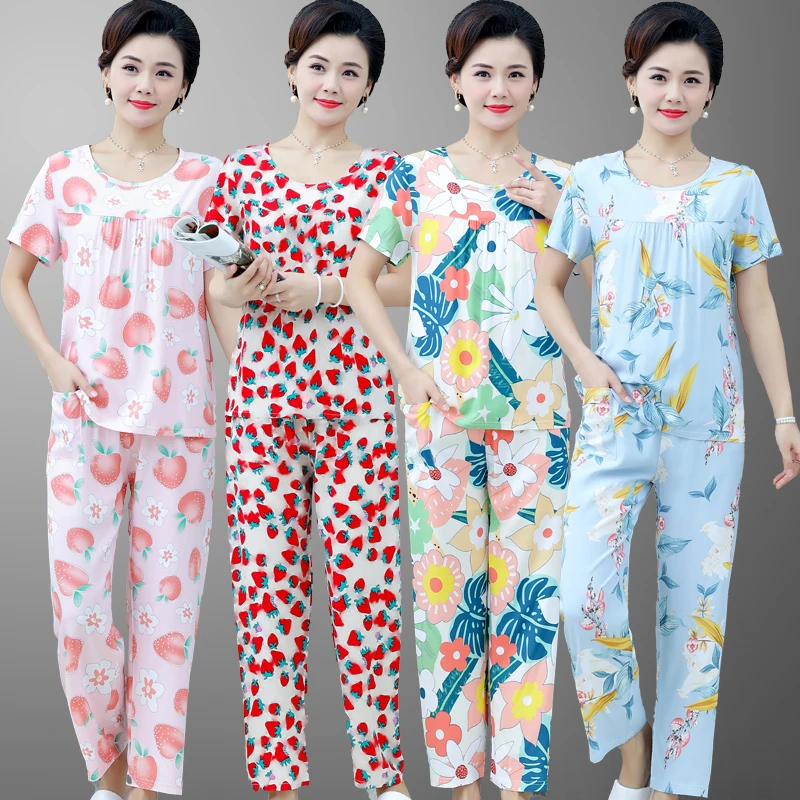 妈妈装夏季短袖套装棉绸两件套时尚中年女家居服睡衣套装大码