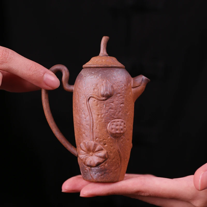 老岩泥浮雕莲蓬荷花壶小容量家用中式纯手工泡茶壶复古紫砂壶C53