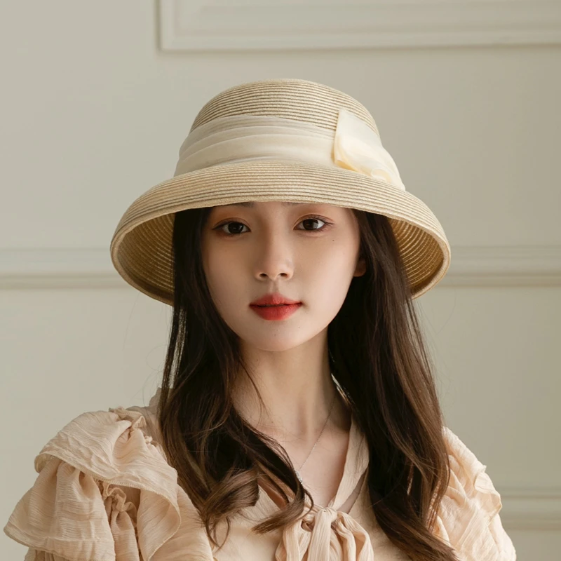 春夏赫本欧根纱蝴蝶结草帽女沙滩帽大檐渔夫帽可折叠户外遮阳