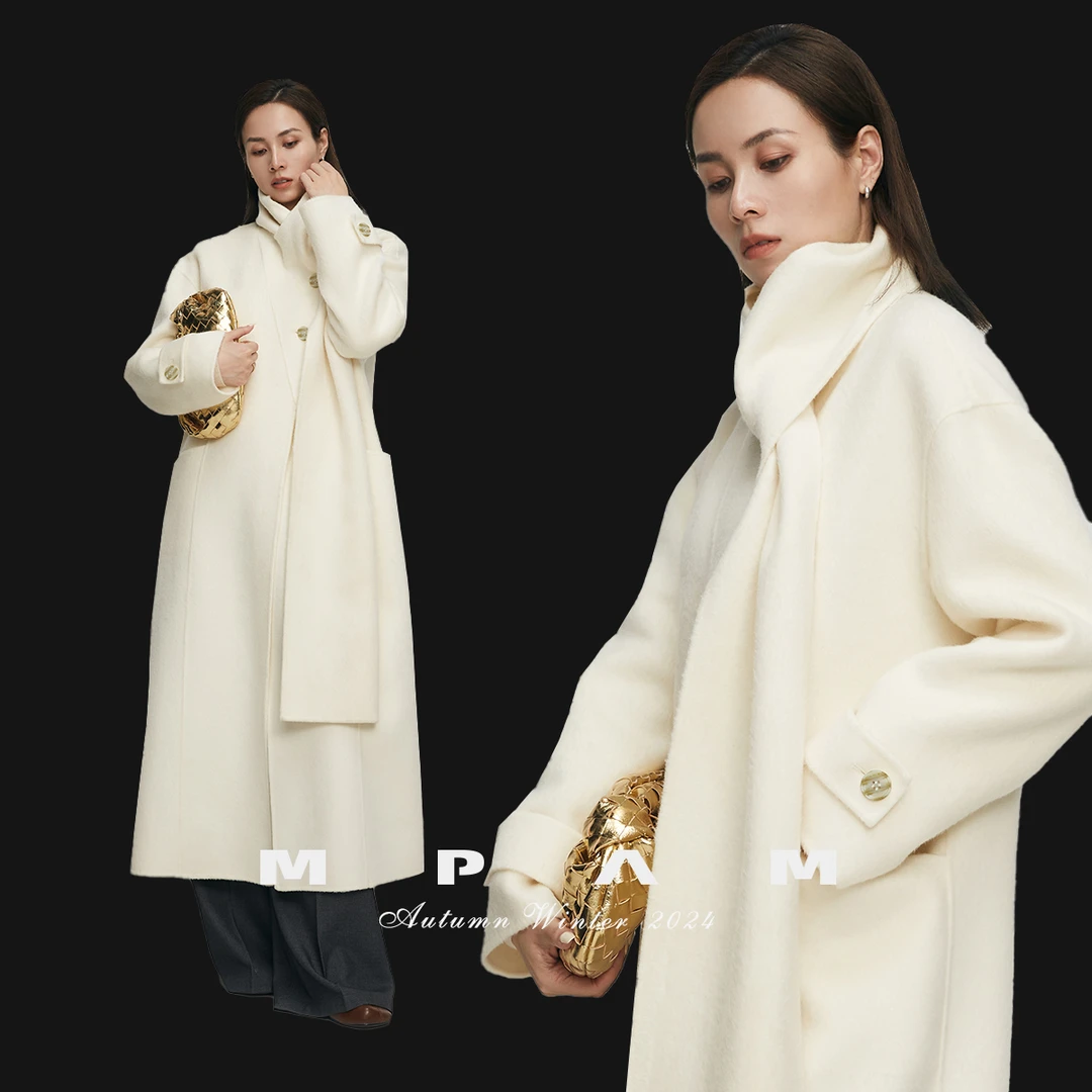 【MPAM】围巾设计款浅米白双面呢大衣240414