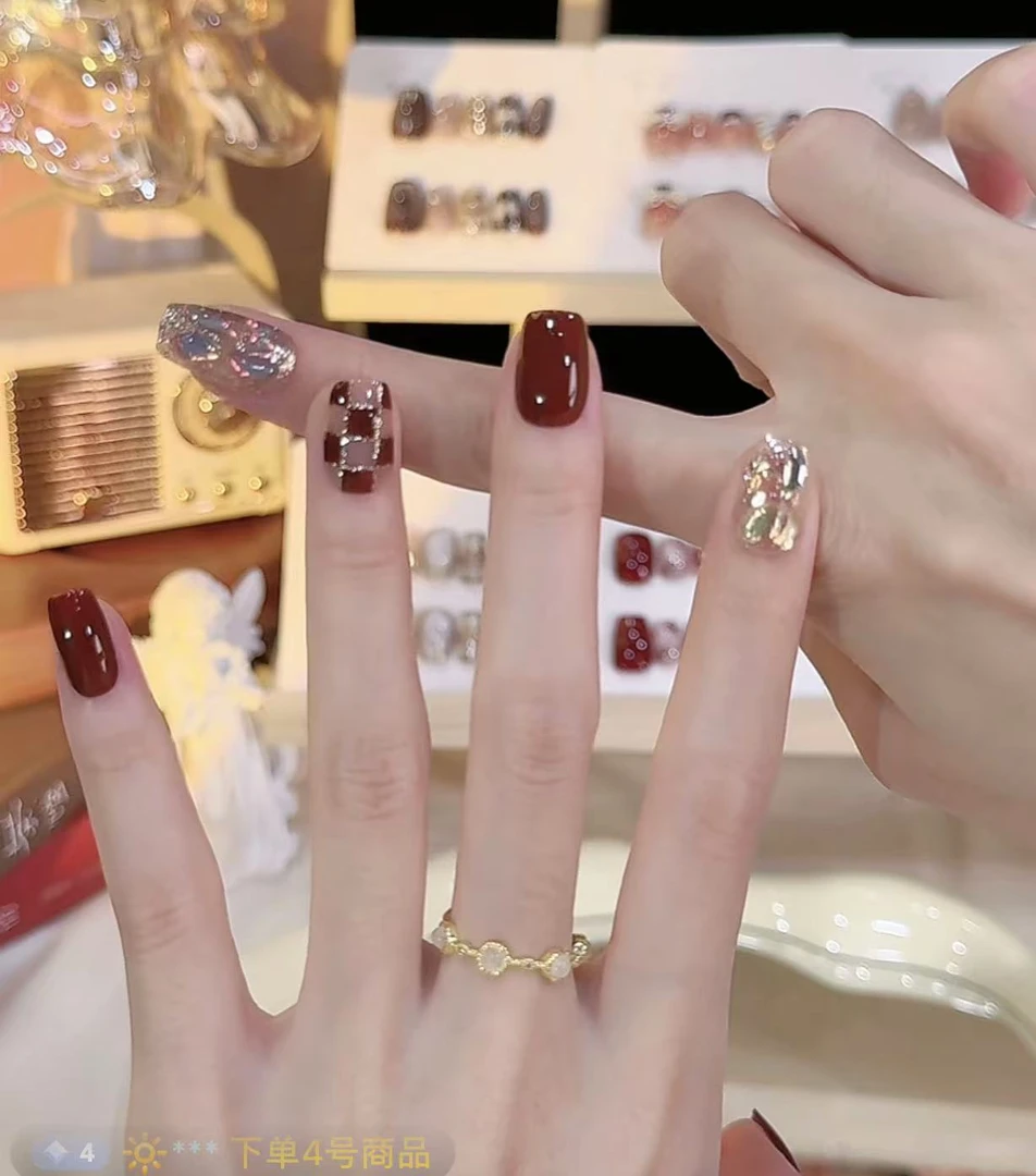 【现货】-安可拉红棋盘 戴戴喵美甲 设计师轻奢纯手工穿戴甲气质温
