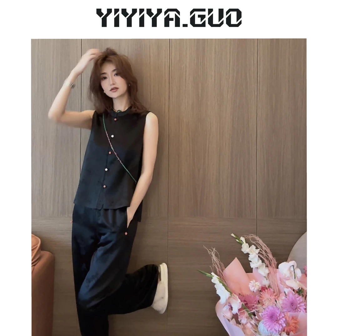 yiyiya.Guoyiyi新中式印花黑色米杏色裤子k0617
