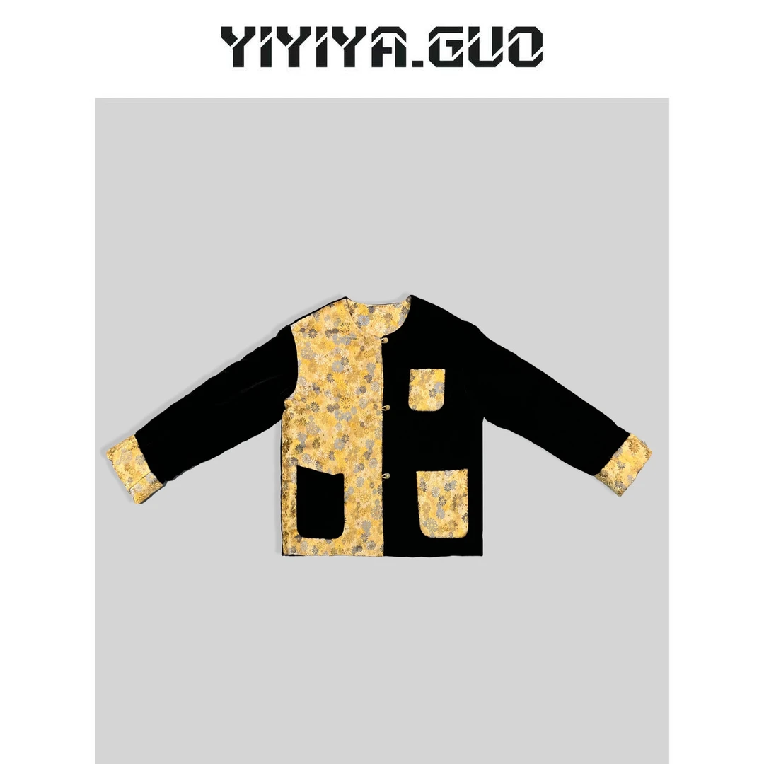 yiyiya.Guo艺艺吖双色拼接口袋中扣长袖外套WT0653