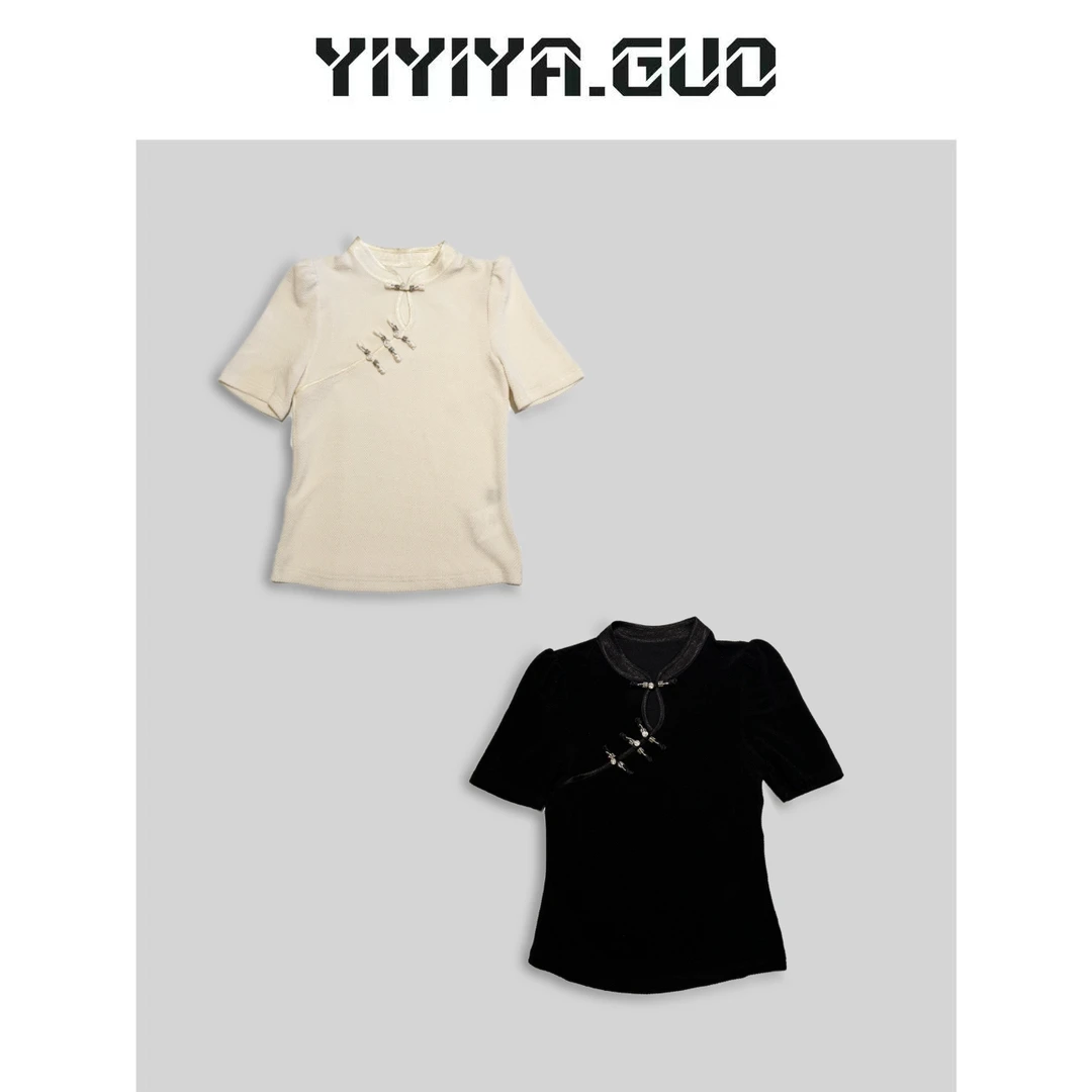 yiyiya.Guo艺艺吖/领口镂空盘扣短袖上衣2024617