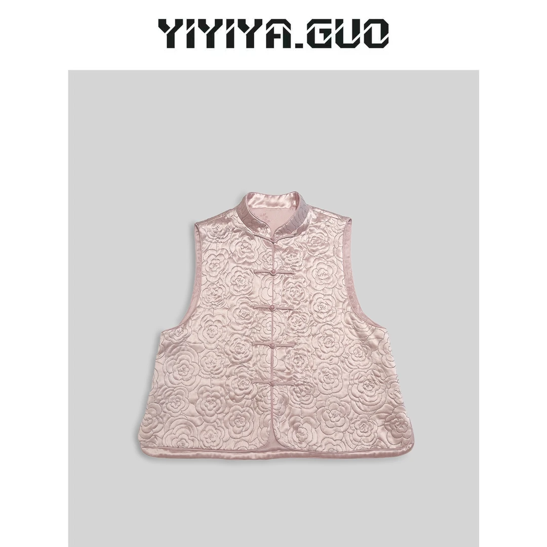 yiyiya.Guo艺艺吖/粉色立领玫瑰花无袖马甲2024296