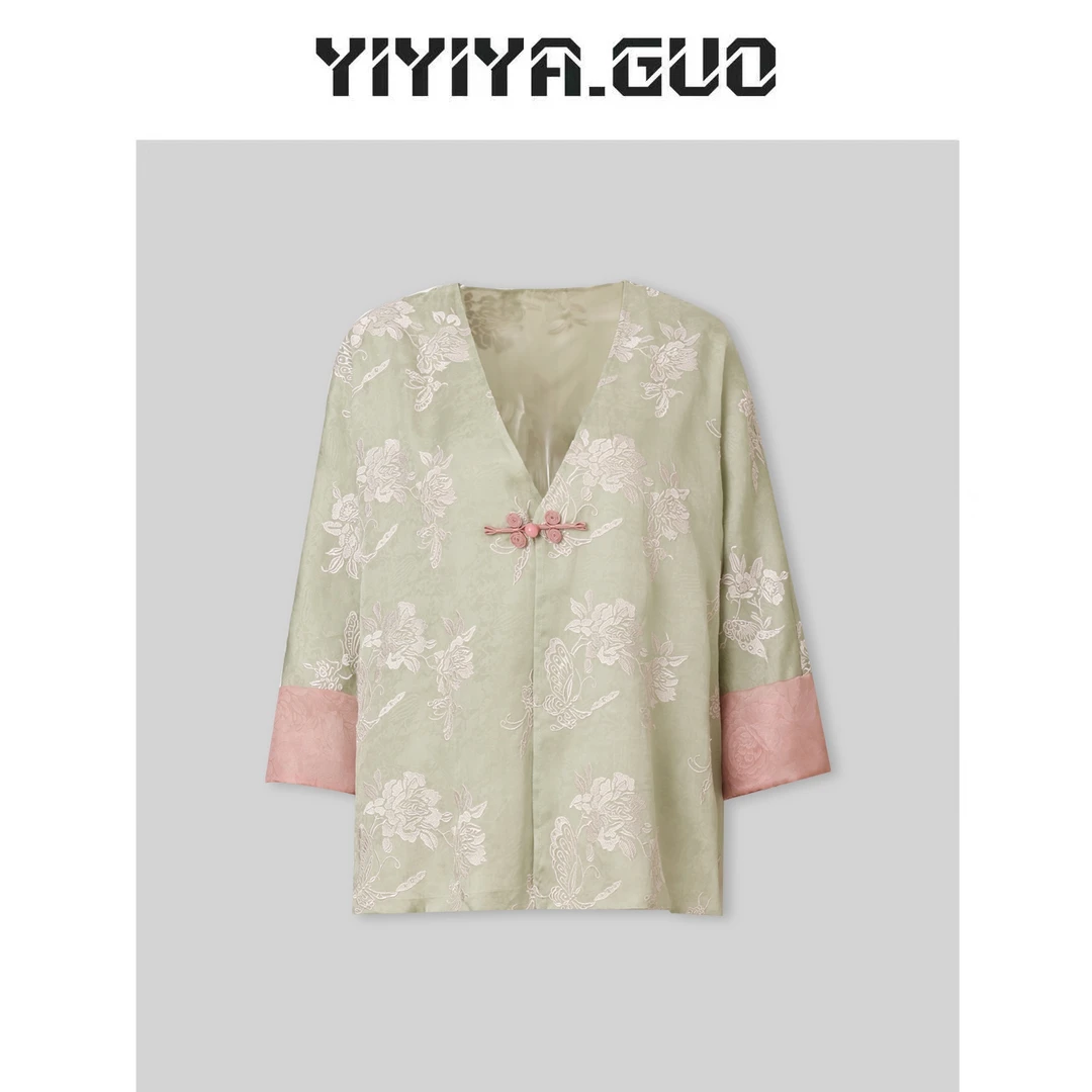 yiyiya.Guo艺艺吖/真丝花罗绿色长袖上衣20241374