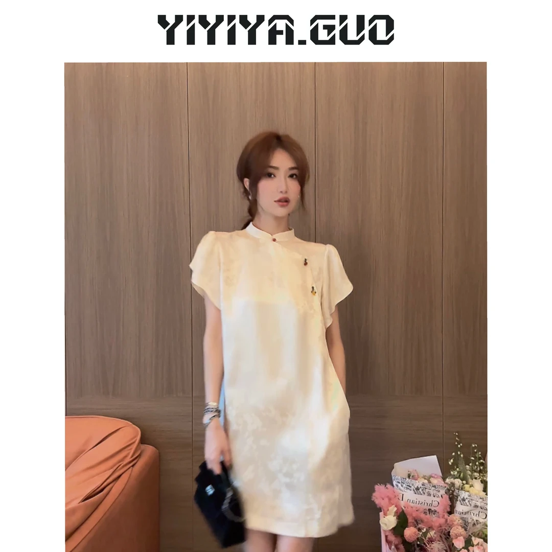 yiyi新中式米杏色印花花苞袖连衣裙（不支持机洗、烘甩干）LY0491