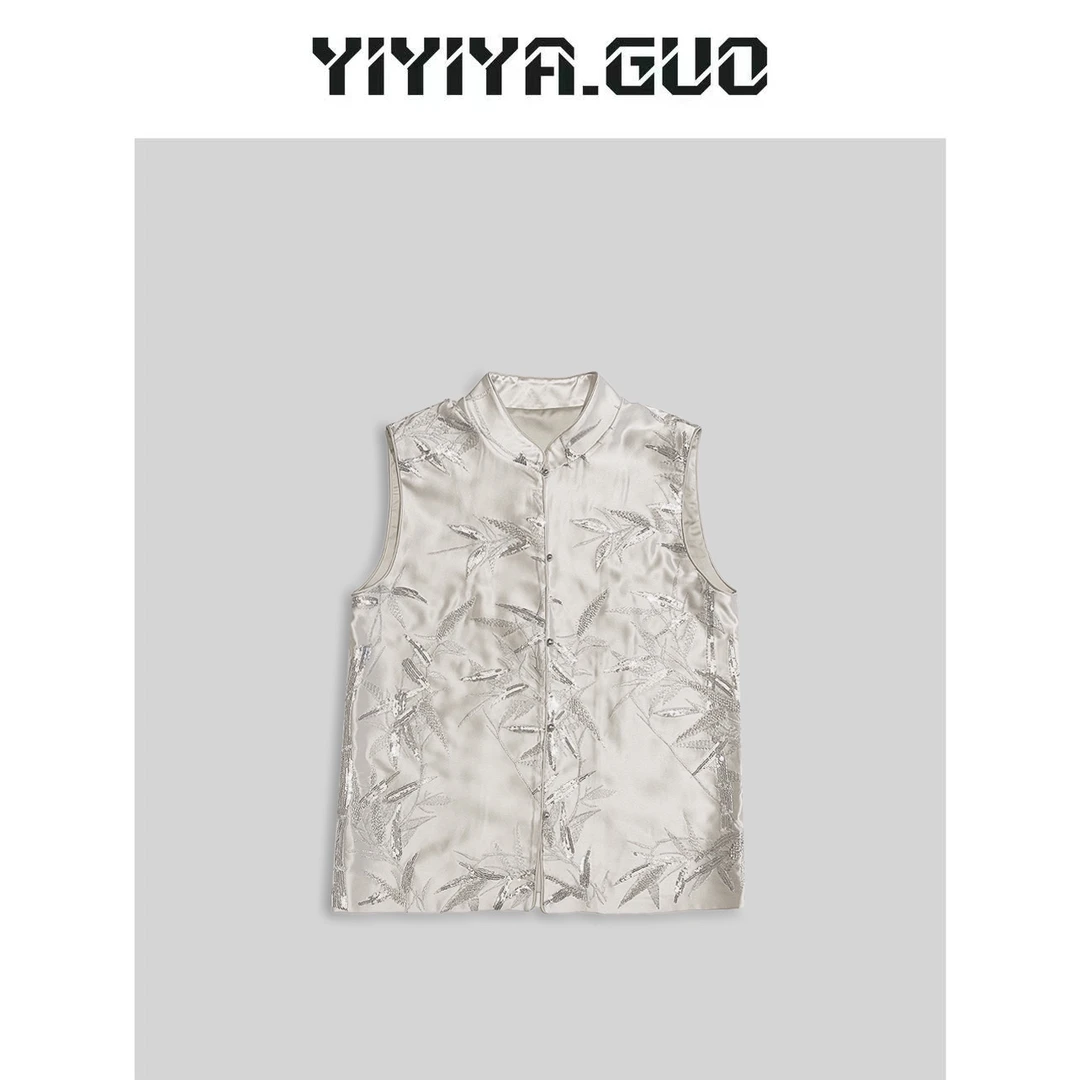 yiyiya.Guo艺艺吖/白色亮片竹子马甲上衣2024360