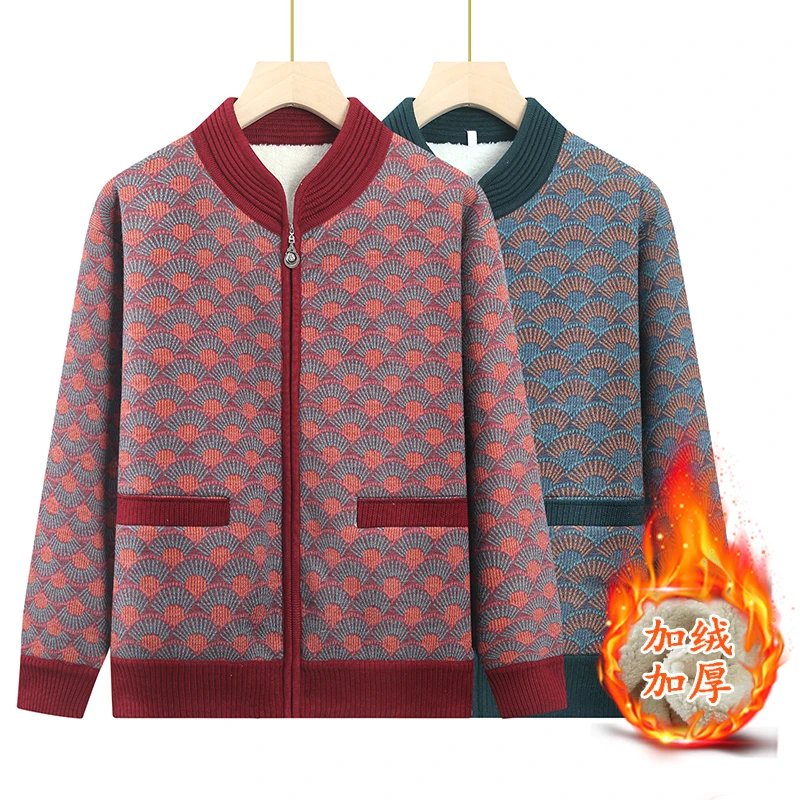 针织开衫妈妈装外套加厚中老年女装老人老年人保暖外穿