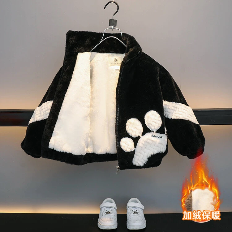 儿童加绒加棉毛毛外套男童帅气厚实毛毛衣潮童宝宝加厚冬款外套潮