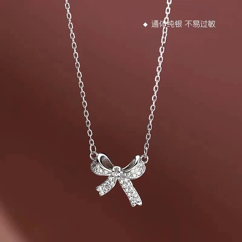 坠链均925银 925纯银蝴蝶结项链女轻奢小众锁骨链气质高级感吊坠