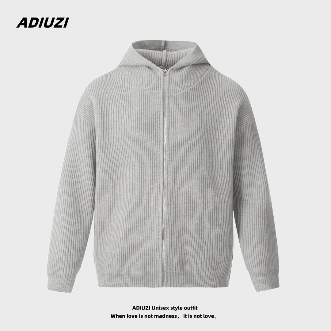 ADIUZI美式拉链开衫连帽针织衫男cleanfit小众高级设计感灰色外套