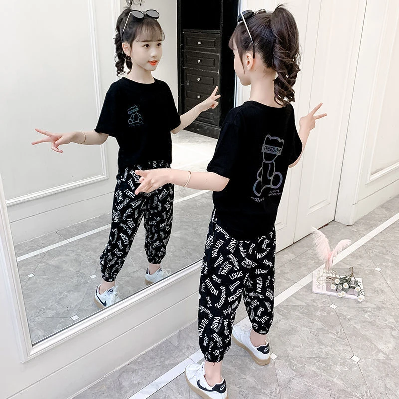 女童套装夏装2023新款儿童女大童夏季短袖长裤12岁时髦洋气两件套