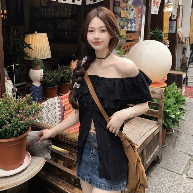 微胖MM女装夏季一字肩上衣显瘦短袖女款爆款2025新款衬衫蕾丝上衣