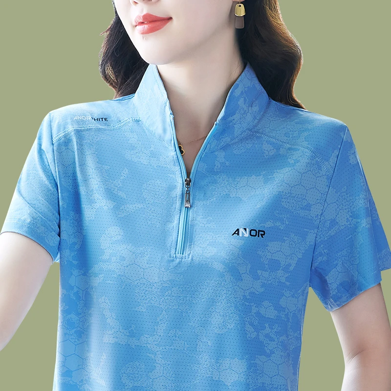 有领短袖t恤女夏季冰丝年轻妈妈快干运动上衣中年人印花体恤大码