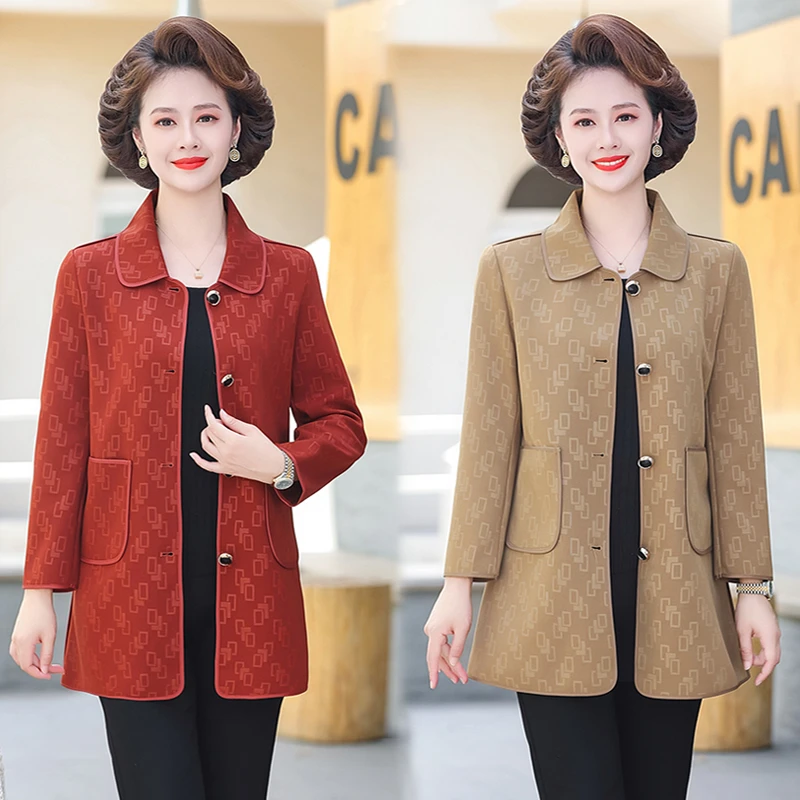 2024春季新款妈妈高档气质减龄翻领外套中长款西装时尚宽松风衣女