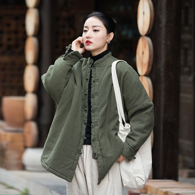 2024冬棉麻女装新款舒适加厚苎麻棉砂洗手工上衣女盘扣棉服宽松
