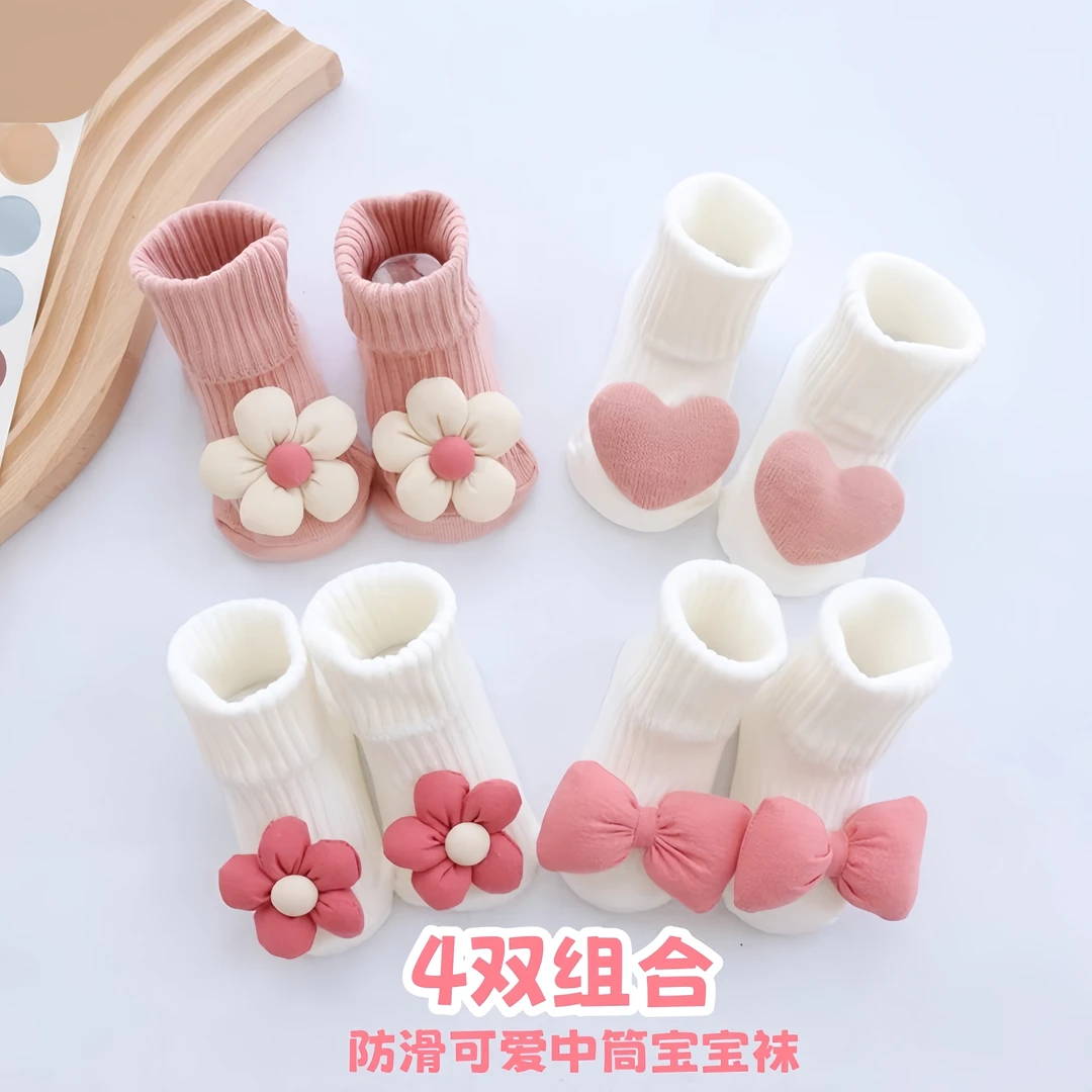 新生婴儿春秋中筒袜可爱蝴蝶结防滑公主袜宝宝不勒腿袜子地板棉袜