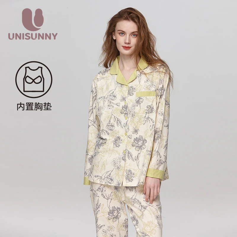 unisunny带胸垫月子服孕妇哺乳睡衣纯棉吸汗11月份秋冬产妇家居服