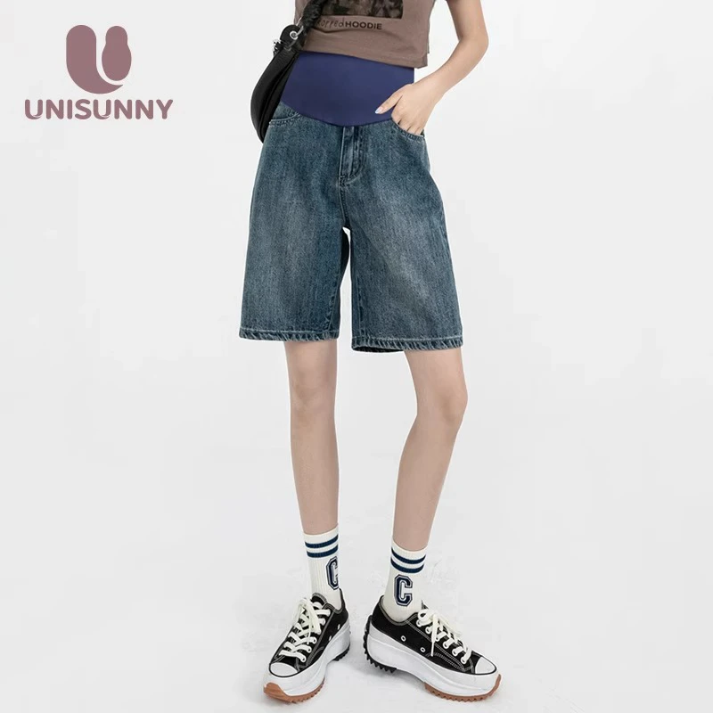unisunny孕妇裤夏季薄款牛仔五分裤女时尚休闲短裤直筒阔腿打底裤