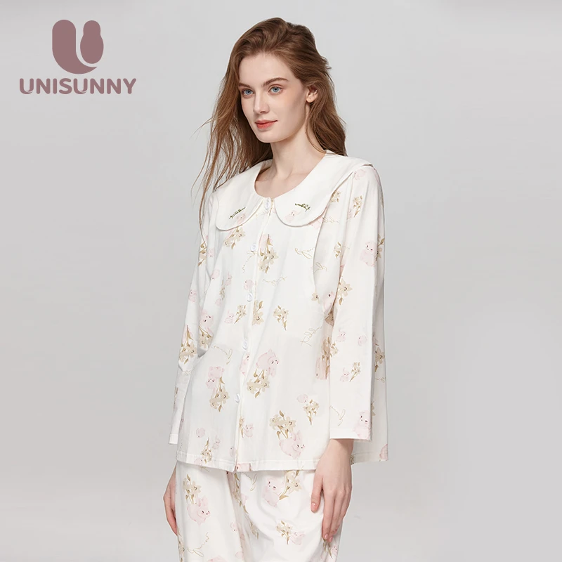 unisunny月子服纯棉哺乳睡衣秋季孕妇产后喂奶冬季11月家居服套装