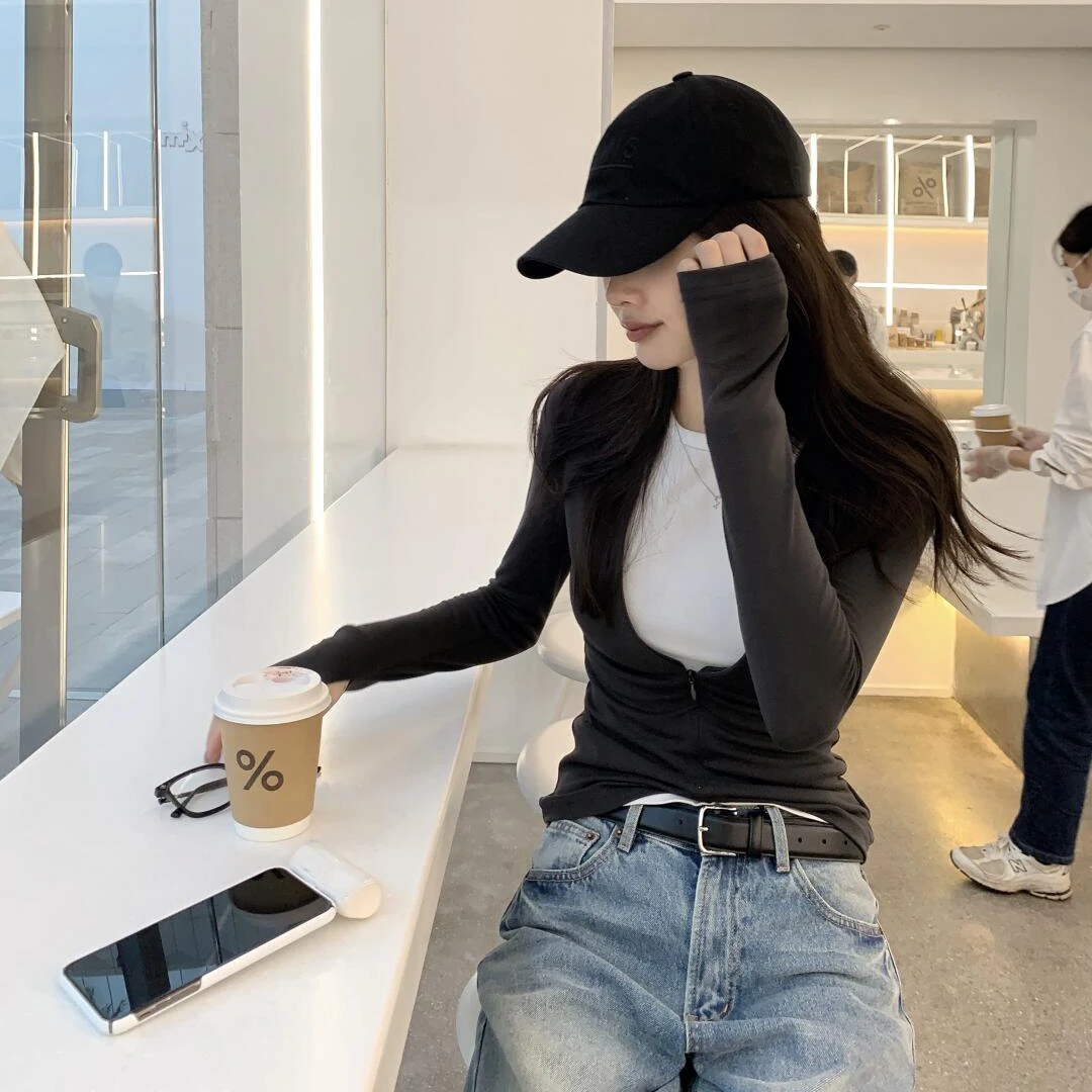 女生韩系ins衣服女新款简约修身气质长袖假两件上衣百搭显瘦裤子