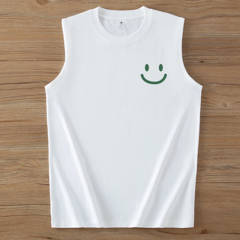 绿笑脸重磅纯棉背心男夏季健身坎肩宽松男士无袖T恤上衣休闲圆领